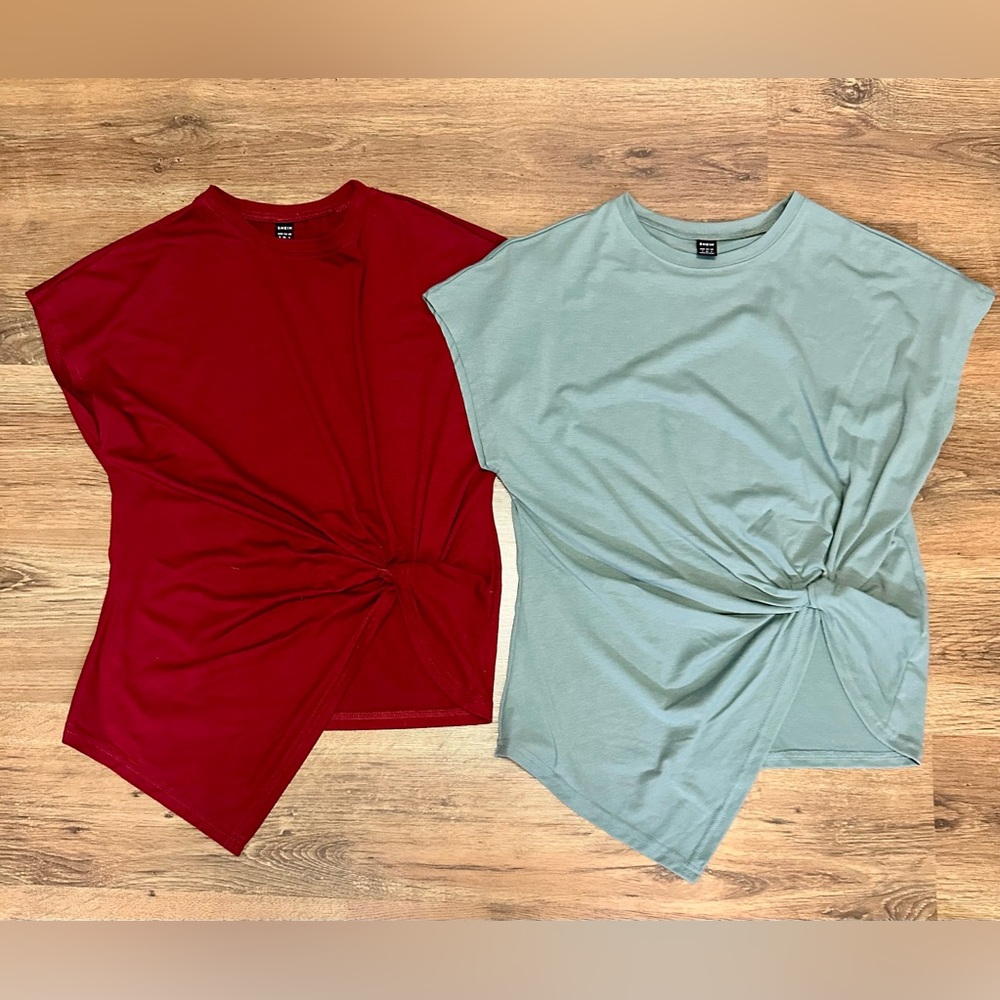 SHEIN Cap Short Sleeve Twist Knot Tops - Red and Sage Green Size S NWOT